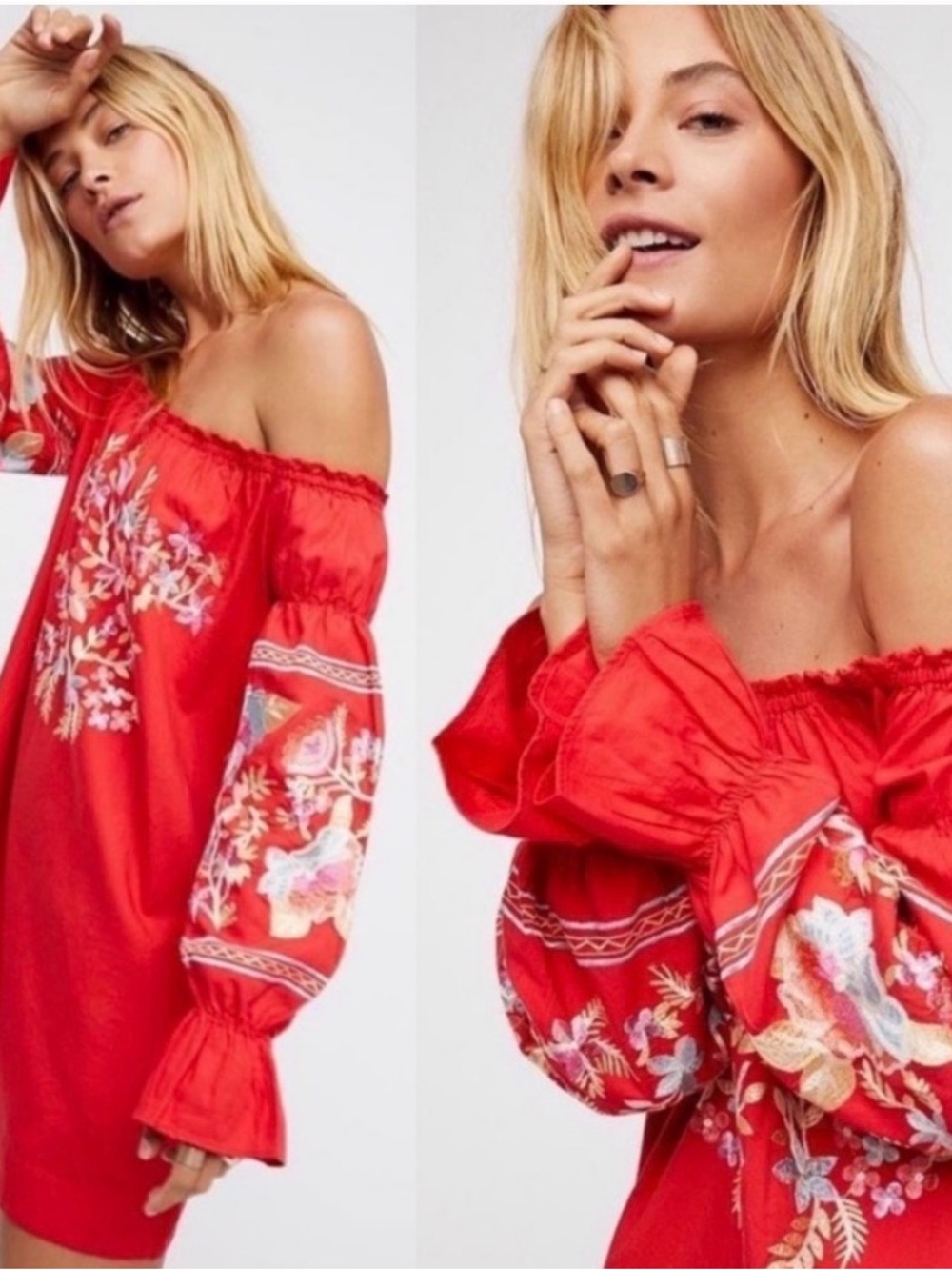 Free People Fleur Du Jour Red Floral Embroidered Off-The-Shoulder Tunic Dress